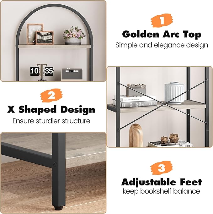 GarveeHome Arched Bookshelf 5 Tier Tall Bookcase Modern Standing Bookshelves Metal Storage Rack Shelf Wood Book Shelf for Bedroom, Living Room, Home Office (Grey)