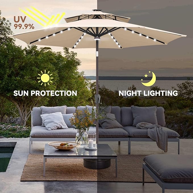 9ft Solar Umbrella Outdoor - 2 Tiers Lighted Solar Patio Umbrella with 40 LED Lights Waterprool UV Protection, Table Umbrella with Tilt for Pool, Porch, Garden, Backyard (Beige)