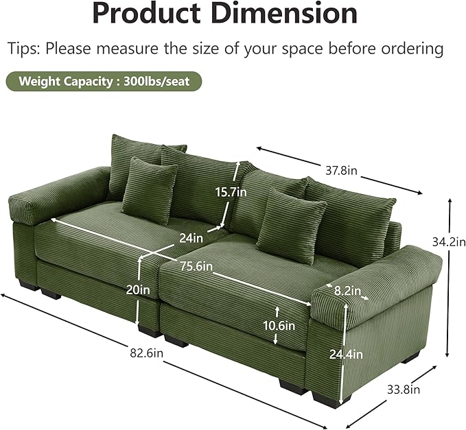 KEIKI 83" Oversized Corduroy Modular Sectional Loveseat Sofa with High-Density Foam Cushions, Extra-Thick Armrest, Upholstered Modern 2-Seater Fluffy Corner Couch with 6 Pillow, for Living Room, Green