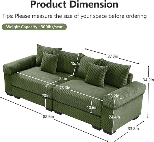 KEIKI 83" Oversized Corduroy Modular Sectional Loveseat Sofa with High-Density Foam Cushions, Extra-Thick Armrest, Upholstered Modern 2-Seater Fluffy Corner Couch with 6 Pillow, for Living Room, Green