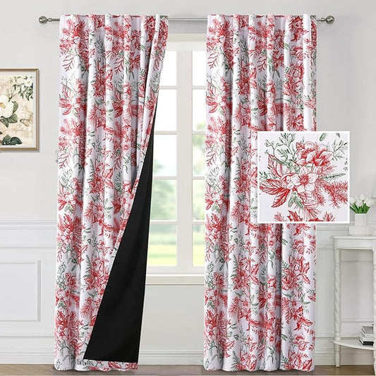H.VERSAILTEX Christmas 100% Blackout Curtain Thermal Insulated Bedroom Curtains Back Tab/Rod Pocket Vintage Floral Curtains with Black Liner, 2 Panels Set 84 Inch, Christmas Red and Christmas Green