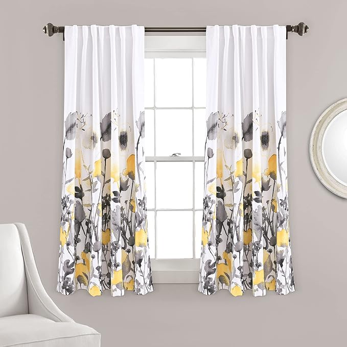 Lush Decor Zuri Flora Light Filtering Window Curtain Panel Pair, 63" Long x 52" Wide, Yellow & Gray