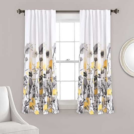 Lush Decor Zuri Flora Light Filtering Window Curtain Panel Pair, 63" Long x 52" Wide, Yellow & Gray