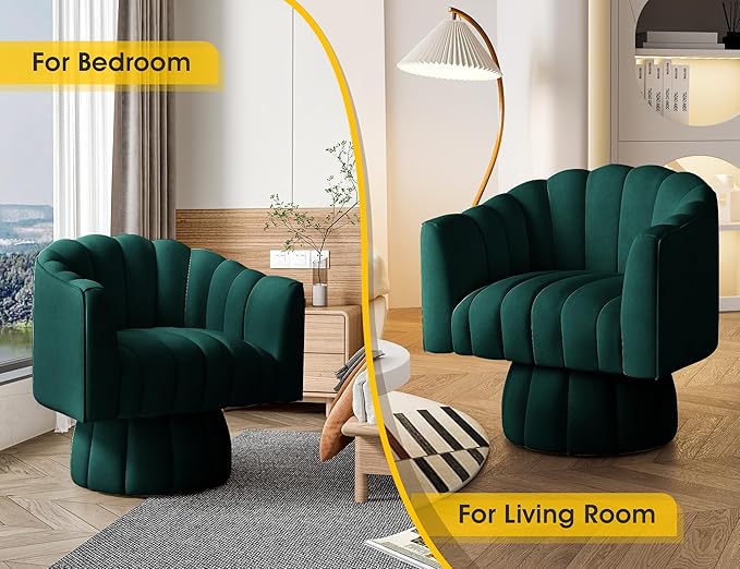 Mid Century 360 Degree Swivel Cuddle Barrel Accent Sofa Chairs, Round Armchairs with Wide Upholstered, Fluffy Velvet Fabric Chair for Living Room, Bedroom, Office, Waiting Rooms, (Green)