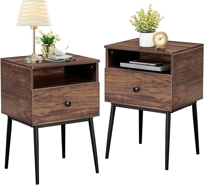 VECELO Night Stand for Bedroom Set of 2,Modern Solid Wood Nightstand with Storage Shelf and Drawer, Bedside Table End Table for Living Room,Bedroom,Entryway,Easy Assembly,Brown