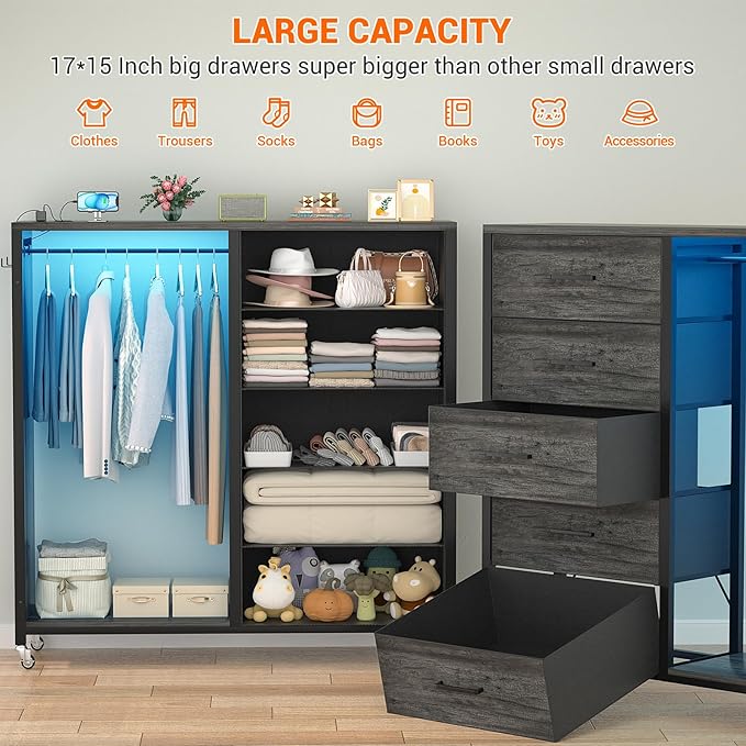 Cyclysio Dresser for Bedroom with Clothes Rack & Mirror, Grey 5 Drawers Dresser with Charging Station & LED Lights, Rolling Chest of Drawers with Wheels, Full Length Mirror, Wooden Top,Bedroom, Closet