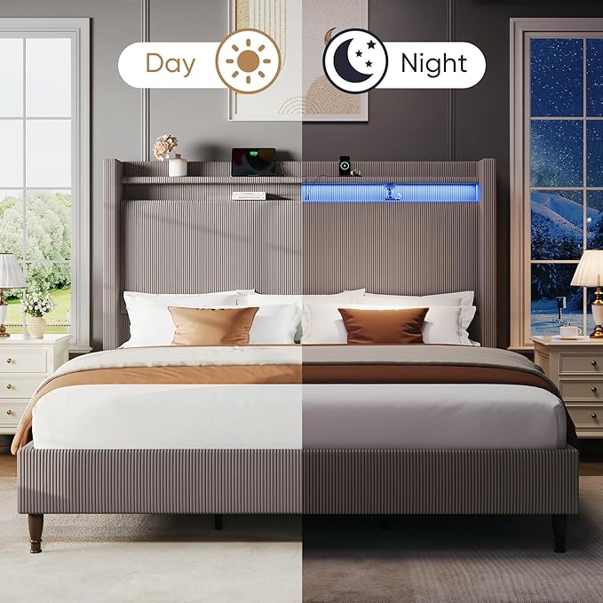 King Bed Frame with 55.3" Tall Headboard, Corduroy Upholstered Platform Bed with LED Lights & Charging Station, Wingback Storage Headboard, Solid Wood Slats,Noise Free,No Box Spring Needed,Gray Brown