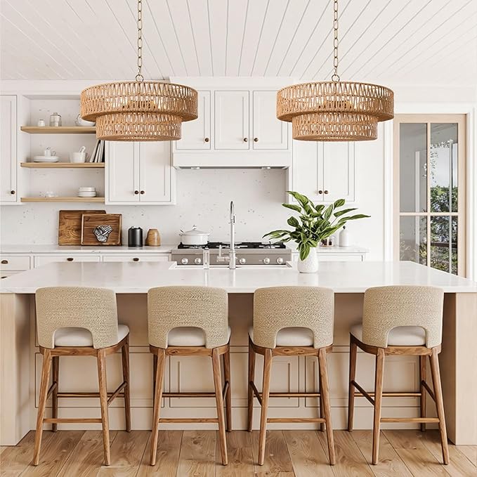LamQee 22 Inch Farmhouse Rattan Chandeliers, 5 Lights Boho Chandelier Light Fixture with Hand Woven Wicker Shade, Large Rattan Pendant Lights Ceiling Hanging Lighting for Dining Room Kitchen Island