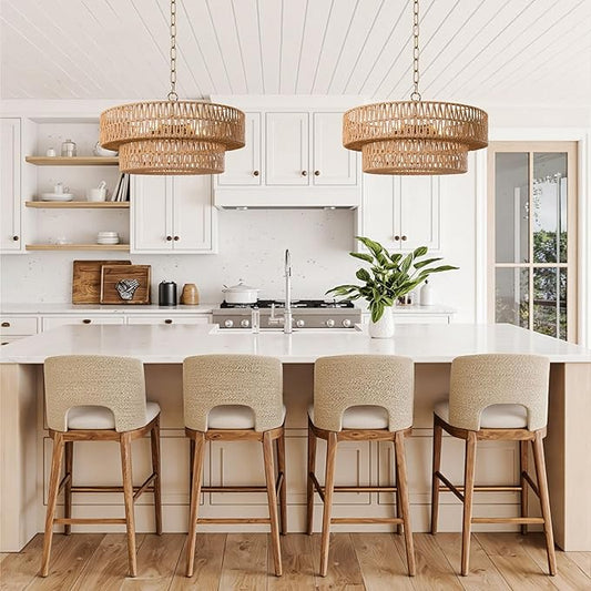 LamQee 22 Inch Farmhouse Rattan Chandeliers, 5 Lights Boho Chandelier Light Fixture with Hand Woven Wicker Shade, Large Rattan Pendant Lights Ceiling Hanging Lighting for Dining Room Kitchen Island