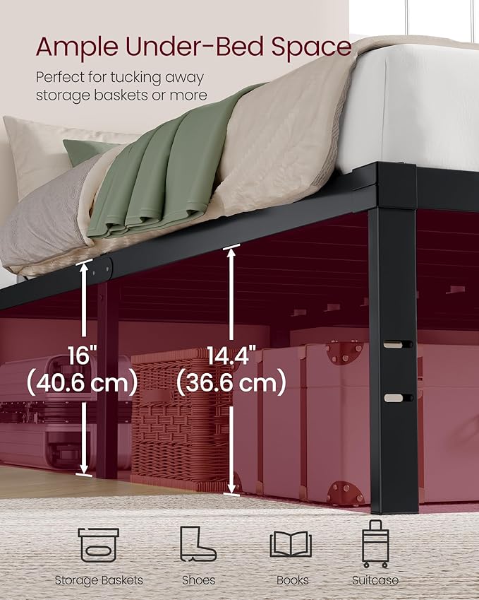 VASAGLE Full Metal Bed Frame 16 Inches Tall, 1100 lb Weight Capacity, No Box Spring Needed, with Under-Bed Storage, Easy Setup, Heavy-Duty Platform Bed, Mattress Retainers, Matte Black URMB662BD02S