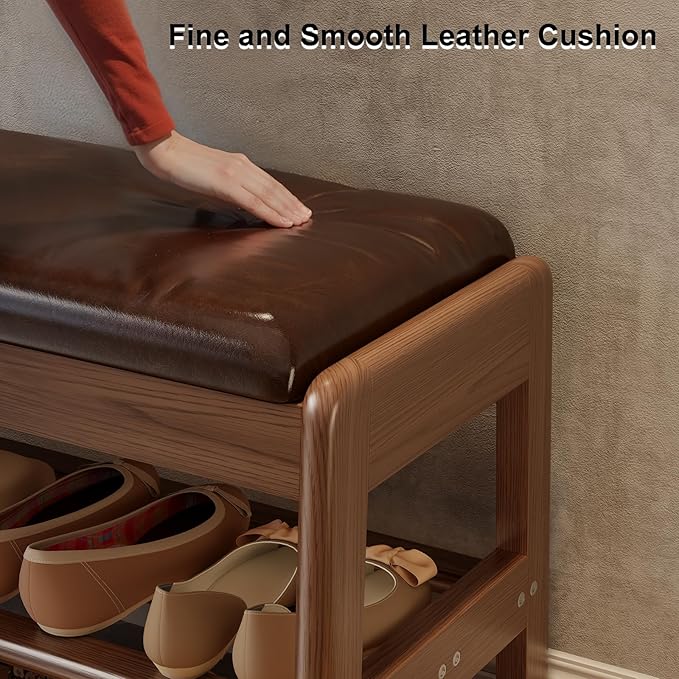 AQIMUELE Shoe Rack Bench,2 Tiers Shoe Bench with Storage with Flip-Top,Wood Shoe Rack for Entryway,Hallway（Dark Walnut Upholstered Seat）