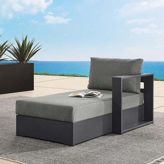 Modway Tahoe Powder-Coated Aluminum Outdoor Chaise Lounge in Gray Charcoal with Weather-Resistant Cushions, Modular Right-Facing Patio Lounger for Pool Furniture or Sectional Sofa Set