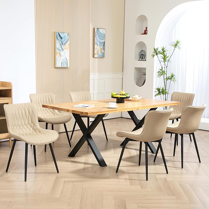 Finnhomy Dining Chairs Set of 2, Mid-Century Modern Upholstered Dining Chairs, Armless Faux Leather Accent Chairs with Backrest, Living Dining Room Chairs with Metal Legs for Dining Room, Khaki