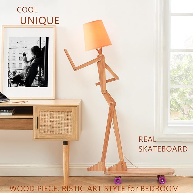 Unique Wood Floor Lamp with Skateboard Base for Living Room Bedroom Kids Bedside - Decorative Corner Reading Swing Arm Standing Light for Office Farmhouse Home - LED Bulb Included - Ash Plywood