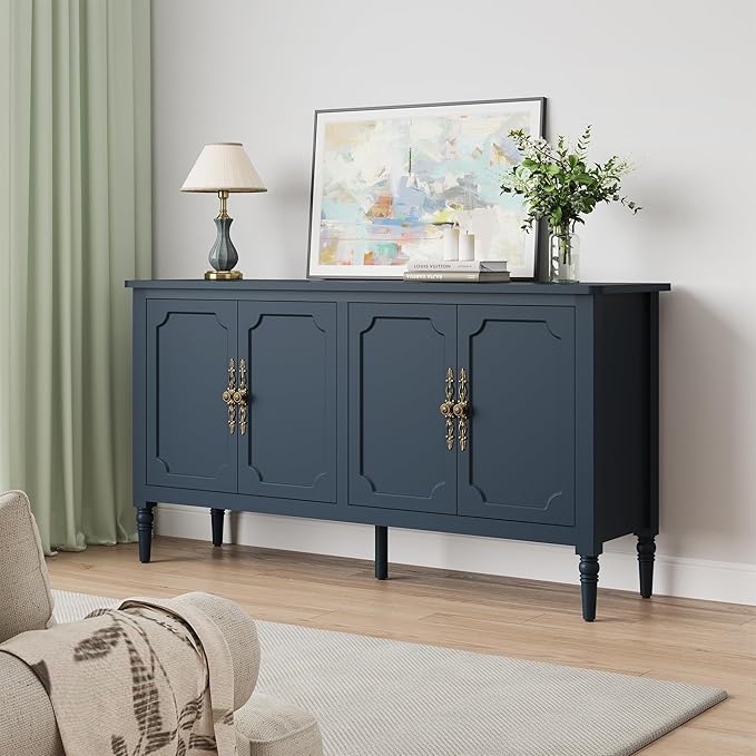 Console Cabinet, 58" Mid Century Modern Pantry Cabinet, Wood Buffet Cabinet, Media Cabinet with 4 Doors, Accent Sideboard for Entryway, Living Room, Dining Room (Blue)