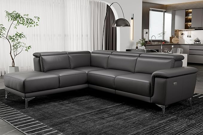 Valencia Pista 113" Cloudy Grey Full Leather Reclining Sectional Sofa with Left Hand Chaise | Power Recliner Chair, Nappa 11000 Leather | L Shaped Couch for Living Room Furniture