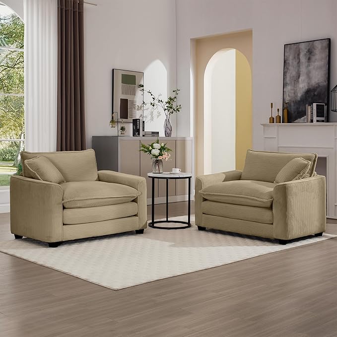 KEIKI 2-Piece Sofa Set with 2 Oversized Corduroy Single Sofa, Upholstered Modern 2-Seater Lounge Accent Chair Set with 2 Pillow, High-Density Foam Cushions, Removable Armrests, for Living Room, Tan