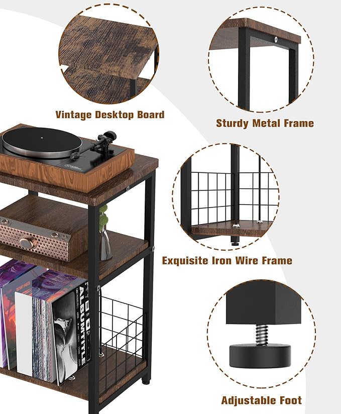 Record Player Stand, 3 Tier Side End Table with Vinyl Record Storage Basket, Turntable up to 100 Albums Record Shelf Display Holder Cabinet for Living Room, Bedroom, Office, Black