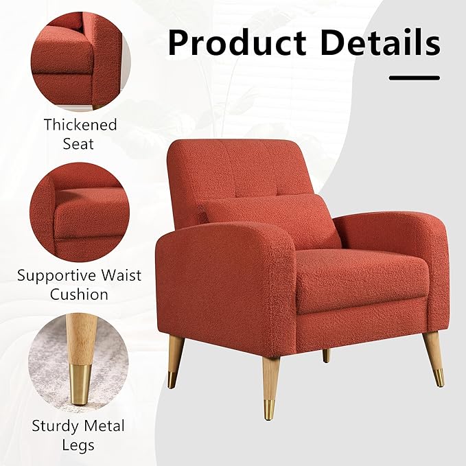 Dolonm Mid-Century Modern Accent Chair, Upholstered Armchair Living Room Chair, Comfy Single Sofa Chair with Sturdy Legs for Living Room Bedroom, Red