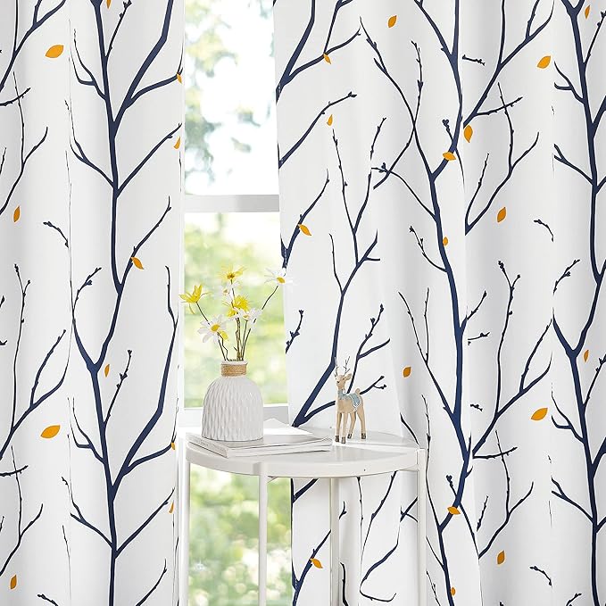 NICETOWN Navy Blue Branch White Curtains for Half Windows 63" L, Grommet Top Thermal Insulated Room Darkening Tree Curtains with Elegant Petal Rain for Bedroom/Living Room, 2 Panels=104" W