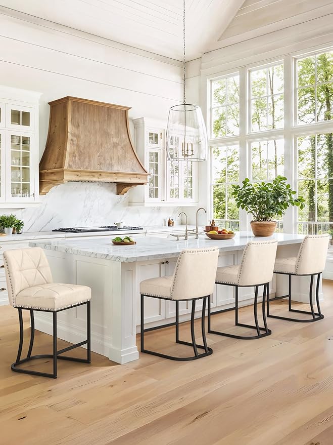 LUE BONA 24" Bar Stools Set, Counter Height Bar Stools with 5.5" Thick Cushion, Upholstered Leather Barstools with Metal Frames for Kitchen Island, Dining Room, Apricot Grey