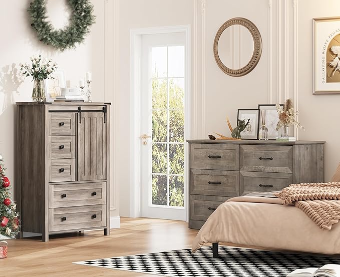 GarveeHome Farmhouse 5 Drawer Dresser for Bedroom, 48 in Tall Wood Dresser Chest of Drawer with Sliding Barn Door, Adjustable Shelf, Storage Organizer for Bedroom, Hallway, Living Room, Kitchen, Grey