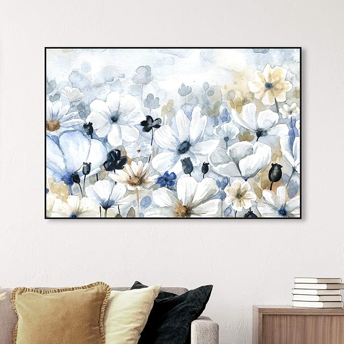 The Oliver Gal Artist Co. Floral and Botanical Wall Art Framed Canvas Prints 'Fields Flowers Home Décor, 54" x 36", Blue, White
