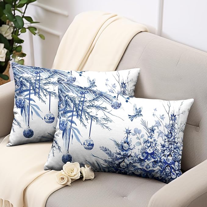 Blue Christmas Lumbar Pillow Covers 12x20 Set of 2 Christmas Xmas Tree Bird Ball Decorative Outdoor Throw Pillow Cases Winter Farmhouse Rectangle Pillowcase for Home Couch Sofa