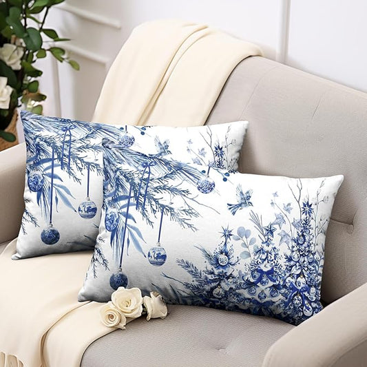 Blue Christmas Lumbar Pillow Covers 12x20 Set of 2 Christmas Xmas Tree Bird Ball Decorative Outdoor Throw Pillow Cases Winter Farmhouse Rectangle Pillowcase for Home Couch Sofa