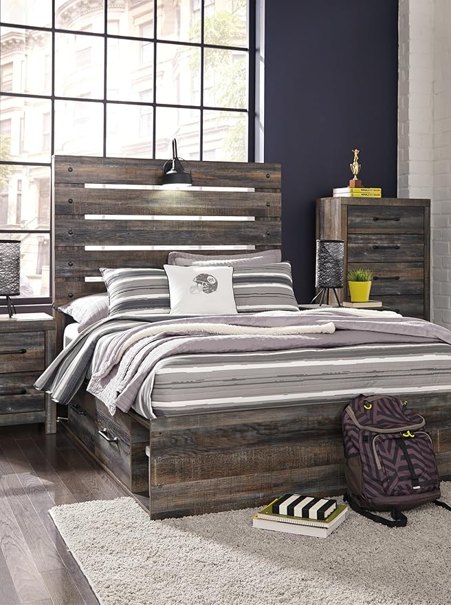 Signature Design by Ashley Drystan Rustic Full Panel Platform Bed with 2 Storage Drawers, Open Cubbies, Sconce LED Light and USB Ports, Foundation or Box Spring Not Needed, Dark Brown & Gray