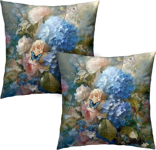 Vintage Rose Hydrangea Pillow Covers Oil Painting Floral Throw Pillow Covers Spring Summer Pillow Case 16x16 Blue Pink Flowers Cushion Case for Living Room Couch Sofa Set of 2