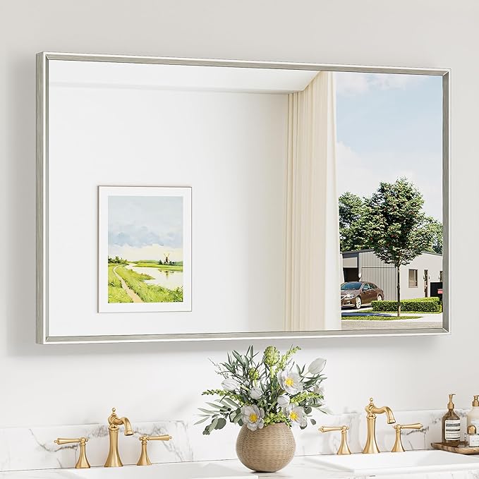 Keonjinn 48 x 30 Inch Brushed Nickel Bathroom Mirrors for Over Sink, Beveled Rectangle Framed Mirrors for Wall, Farmhouse Bathroom Vanity Mirror, Tempered Glass, Square Corner