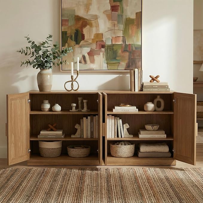 Casaphoria Adam Sideboard Buffet Cabinet with Storage, Sideboard Cabinet with Rattan Doors & Adjustable Shelves, 62" W x 31" H Coffee Bar for Entryway Kitchen Living Room, Oak