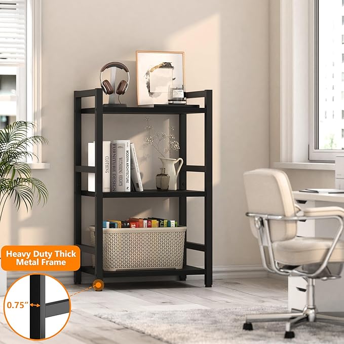 Book Shelf, 3 Tier Bookcase with Steel Frame, Stable Bookshelf Narrow Book Shelves Storage Organizer for Book CD Movie, Open Book Shelves for Living Room, Home Office, Study, Black