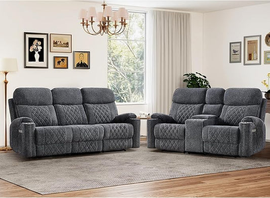 HAOMARKETS 2-Piece Power Recliner Sofa Set with Charging Port, Include 2-Seater Loveseat Reclining Couch with Hidden Storage and Cup Holders and 3-Seater Recliner Couch for Living Room, Dark Grey
