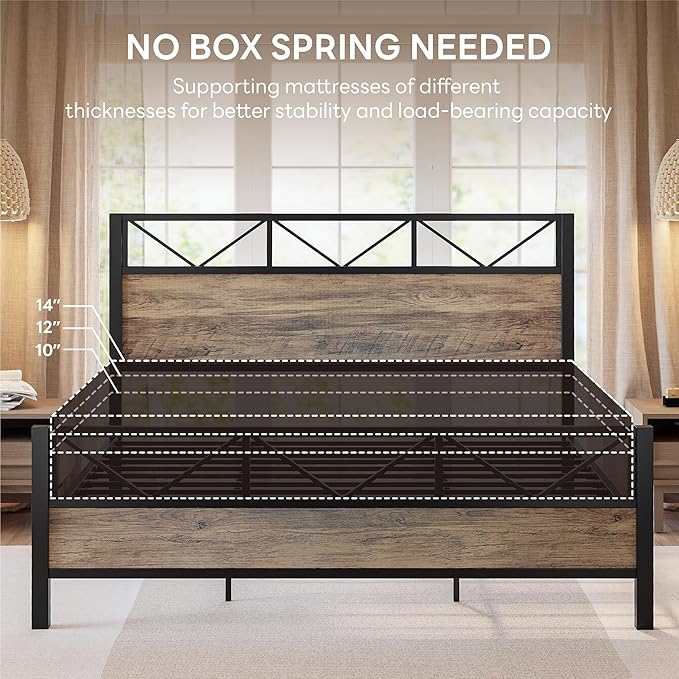 LIKIMIO California King Bed Frame, Tall Industrial Headboard 51.1 ", Platform Bed Frame with Strong Metal Support, Solid and Stable, Noise Free, No Box Spring Needed, Easy Assembly, Rustic Maple