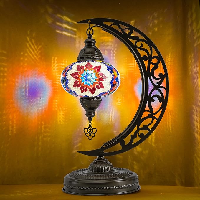 Mozaist Turkish Mosaic Crescent Shape Table Lamp, Moroccan Moon Boho Handmade Desk Light, Farmhouse Rustic Living Room Decorative Lighting, Bedside Nightstand with E12 Socket & US Plug (Multicolor)