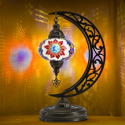 Mozaist Turkish Mosaic Crescent Shape Table Lamp, Moroccan Moon Boho Handmade Desk Light, Farmhouse Rustic Living Room Decorative Lighting, Bedside Nightstand with E12 Socket & US Plug (Multicolor)