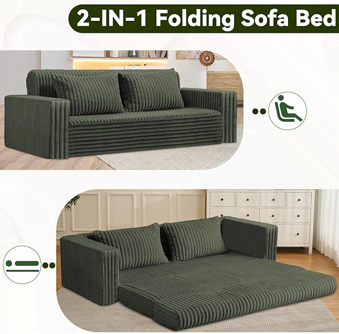 HABUTWAY Folding Sofa Bed, 2 in 1 Convertible Sleeper Chair with 2 Pillows, Portable Fold Out Chair Bed with Armrest, Comfy Floor Couch, Lazy Sofa for Living Room Bedroom Dorm Home Office, Green