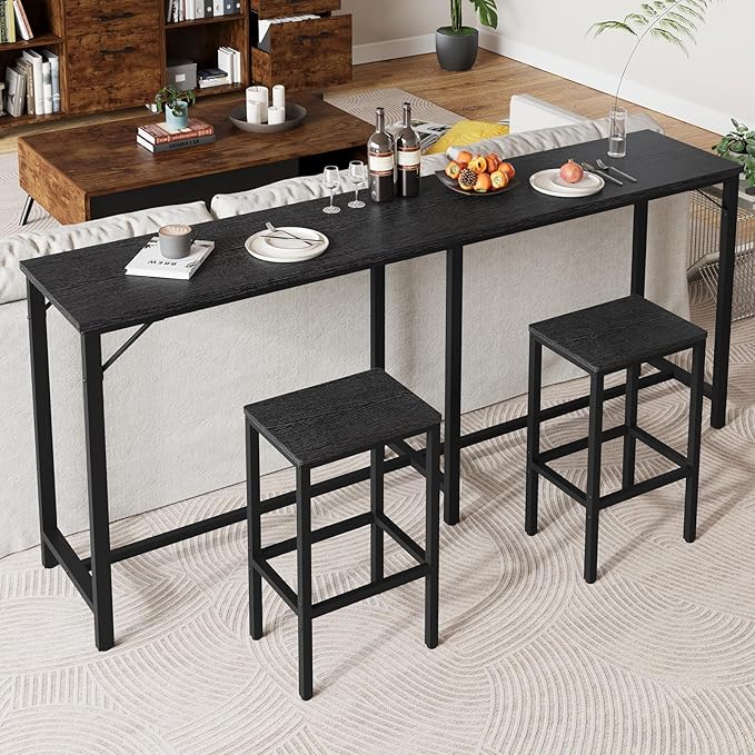 70.9" Bar Table and Chairs Set, Dining Table and Chair Sets, 3 Piece Counter Height Table and 2 Stools, Kithcen Table for Home Restaurant, Bar, Black BT09BB