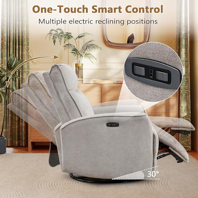 ANJ Power Swivel Recliner Chair,Electric Glider Rocker Recliner with USB Port, Nursery Recliner Sofa Soft Fabric Rocking Chairs for Living Room, Bedroom,Light Grey
