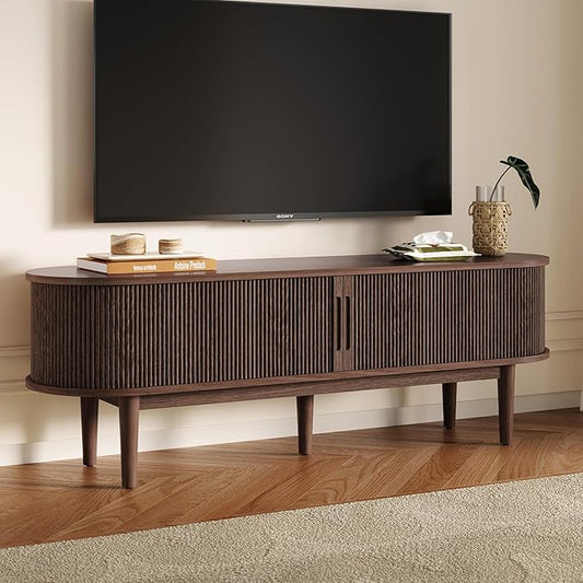 LINSY HOME 58" Fluted TV Stand for TVs up to 65 Inch, Mid Century Modern Entertainment Center with Storage Cabinet and Sliding Doors, Farmhouse Wood Media TV Console for Living Room, Bedroom, Walnut