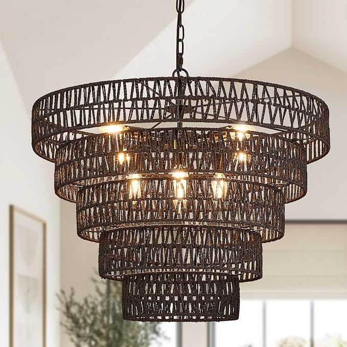 25.6” Black Hand-Woven Rattan Chandelier Vintage Farmhouse 8-Lights Boho Large Bamboo Chandelier Light Fixture Retro 5-Tier Drum Wicker Chandeliers for Dining Room, Kitchen, Bedroom, E12