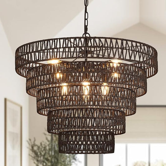 25.6” Black Hand-Woven Rattan Chandelier Vintage Farmhouse 8-Lights Boho Large Bamboo Chandelier Light Fixture Retro 5-Tier Drum Wicker Chandeliers for Dining Room, Kitchen, Bedroom, E12