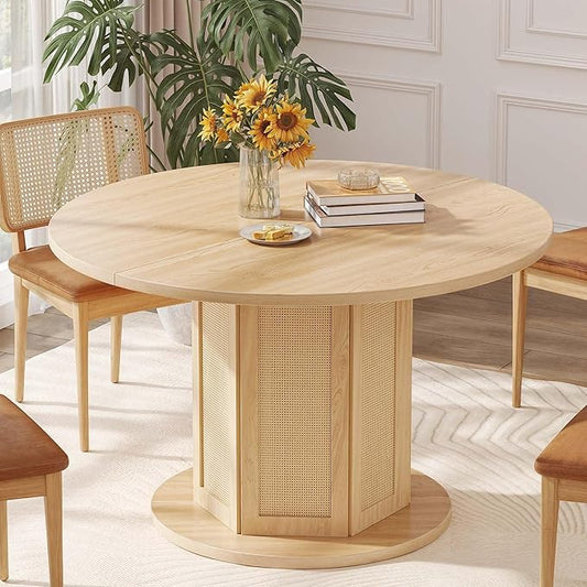 YITAHOME Round Dining Table for 4-6 People Circle Dining Table with Wooden Rattan Base Modern Farmhouse Kitchen Table Round for Dining Room Kitchen Apartment, Natural Oak