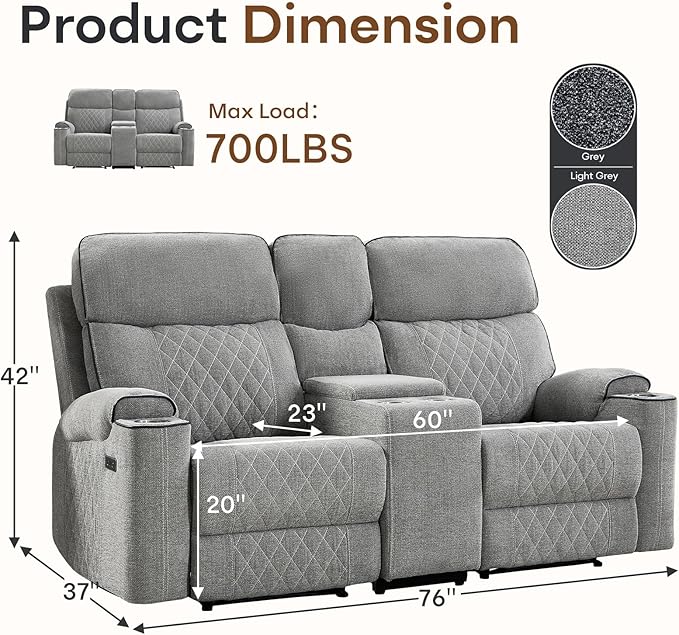 HAOMARKETS Power Reclining Loveseat Sofa with USB & Type-C Charging Port, Breathable Fabric 2-Seater Electric Recliner Couch with Cup Holders & Storage Console for Living Room, Light Grey