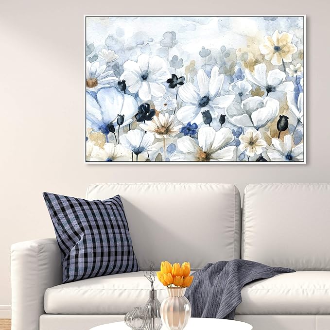 The Oliver Gal Artist Co. Floral and Botanical Wall Art Framed Canvas Prints 'Fields Flowers Home Décor, 45" x 30", Blue, White