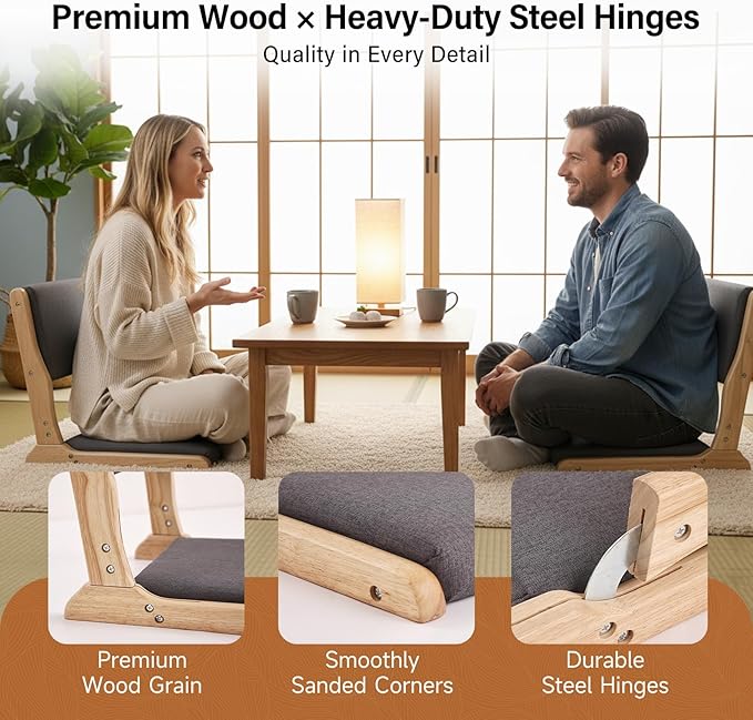 Tiita Floor Chair with Back Support, Foldable Meditation Tatami Chairs, Backrest Chair with Cushion, Living Room Chair Seat 2 Pack, Wood Dark Grey
