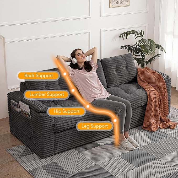 83" Boneless Couch, 3 Seater Cloud Corduroy Sofa in a Box with Deep Tufted Cushions, Zero Assembly, Removable Washable Cover, Family-Friendly Living Room Couch, Dark Grey
