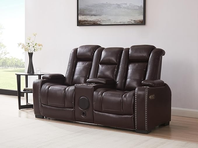 THSUPER Brown Leather Power Recliner Loveseat with Arm Storage and Bluetooth Speaker, Theater Seating Leather Living Room Reclining Loveseat with Cup Holders and Wireless Charging. | Breathable material, LED ambient light, USB and Type-C port, In a box...